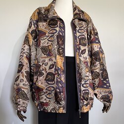 Vintage 1990s Studio Sportif sonbahar yaprak desenli ipek üniseks mont
