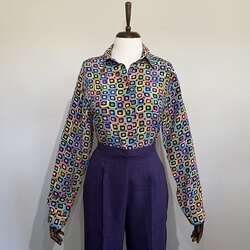 Vintage 1980s çok renkli geometrik desen Allison Taylor ipek gömlek