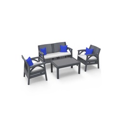 4 Kişilik Raddan Desenli Plastik Ergonomik Oturma Grubu Camlı Sehpa
