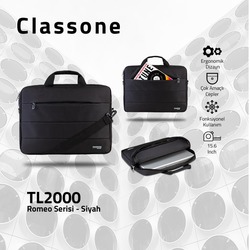 Classone TL2000 Romeo Serisi 15.6 inch Uyumlu Laptop, Notebook Çantası-Siyah