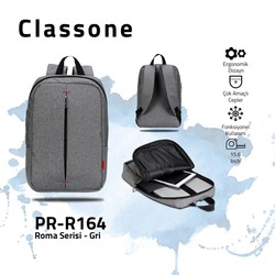 Classone PR-R164 Roma Serisi 15,6 inç Uyumlu Laptop Notebook Sırt Çantası-Gri