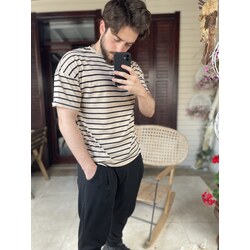 bej-siyah çizgili oversize t-shirt