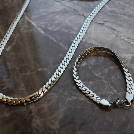 Gümüş Renk Çelik Plüton Örme Snake Unisex Kolye & Bileklik Set Vip Kararmaz Çelik Set

