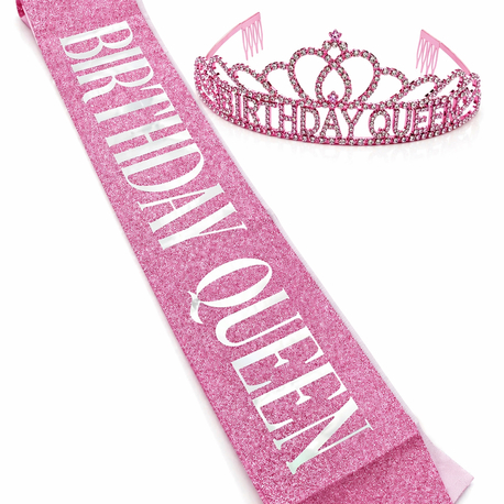 Pink Birthday Queen Premium Doğum Günü Tacı ve Kuşak Set