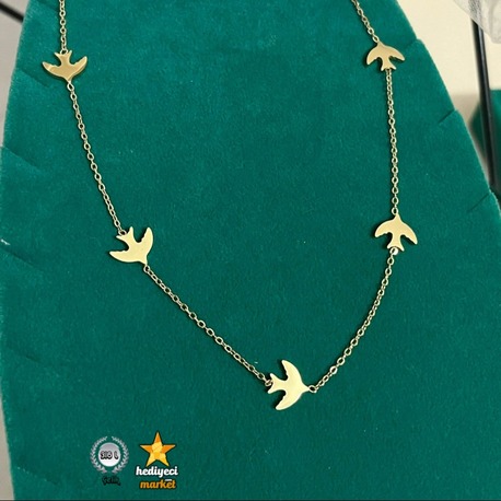 316 L Kuş Figürlü Gold Renk Çelik Kadın Kolye - HMÇK-0057 || HM-03-00137-05