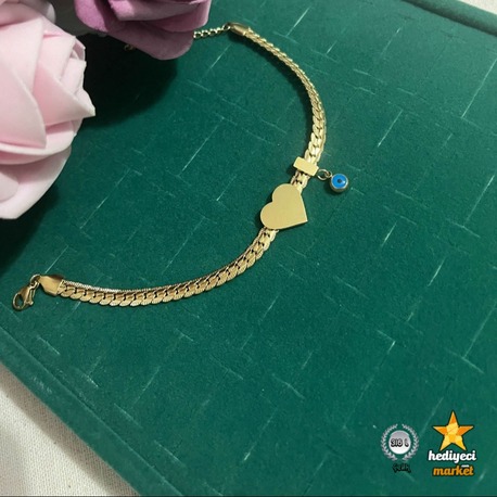316 L Gold Yassı Zincir Model Kalp Figür Nazar Boncuk Çelik Kadın Bileklik || HM-03-00138-01