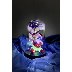 Fanusta RGB Led Işıklı ve Ayıcıklı Kırmızı Sonsuzluk Gülü