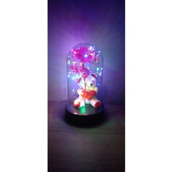 Fanusta Rgb Led Işıklı ve Ayıcıklı Pembe Sonsuzluk Gülü