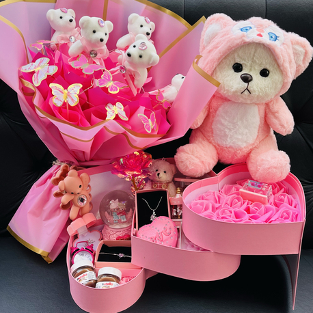Pembe puffy 3 katlı hediye seti