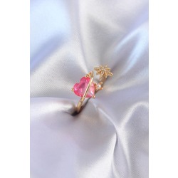Gold Renk Pembe Zirkon Taş Kalp Model Pirinç Kadın Yüzük
