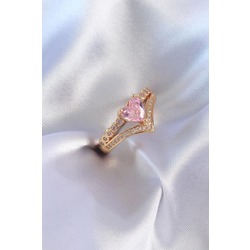 Gold Renk Pembe Zirkon Taş Model Pirinç Kadın Yüzük