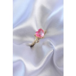Gold Renk Pembe Zirkon Taş Kalp Model Pirinç Kadın Yüzük