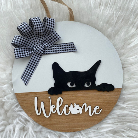Ahşap Kapı Süsü Kedili Welcome 30 cm