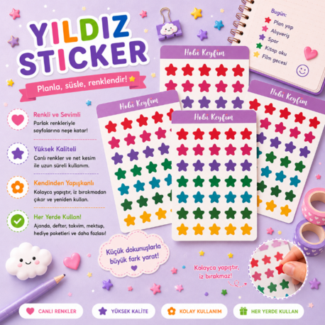 Yıldız Sticker Sheet A6 | Renkli Planner ve Bullet Journal Sticker | Hobi Keyfim