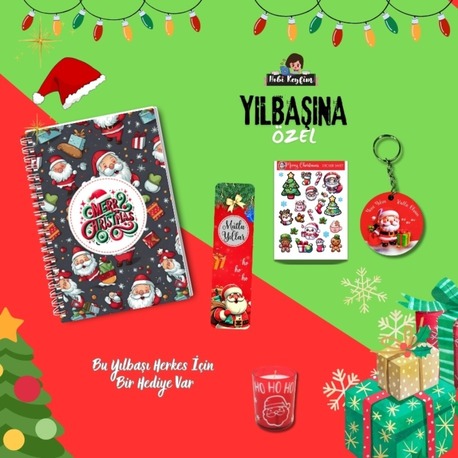 Özel Yılbaşı Seti: Temalı A5 Defter, Kitap Ayracı ve Kokulu Mum