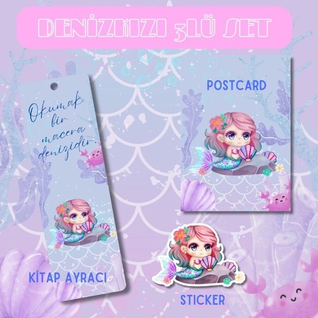 Deniz Kızı Temalı 3’lü Set (Kitap Ayracı + Postcard + Sticker)