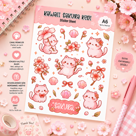 Sakura Kedi Sticker - Kawaii Sticker Sayfası