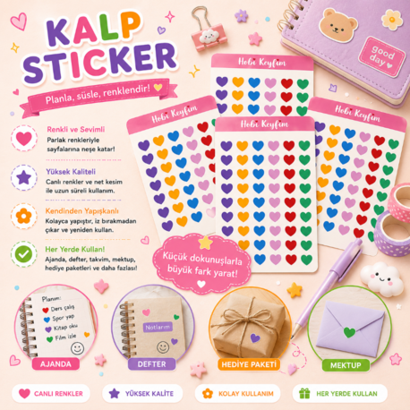Kalp Sticker Sheet A6 | Renkli Kalp Planner Sticker | Bullet Journal Sticker | Hobi Keyfim