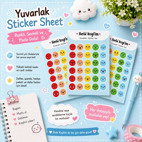 Yuvarlak Emoji Sticker Sheet | Kawaii Duygu ve İfade Sticker Seti | Planner & Journal Sticker