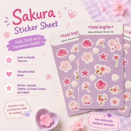 Sakura Sticker Sheet – Sakura Çiçeği Temalı Sticker Seti | Kawaii Dekoratif Çıkartmalar