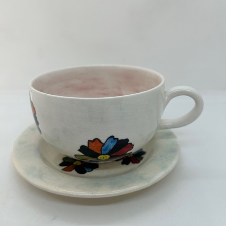 Çini, çiçekli, bahar temalı geniş fincan, tabaklı set