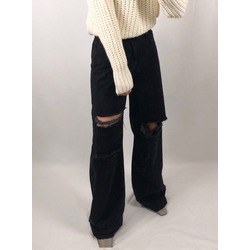 Siyah Yırtık Detaylı Yüksek Bel Wide Leg Jeans