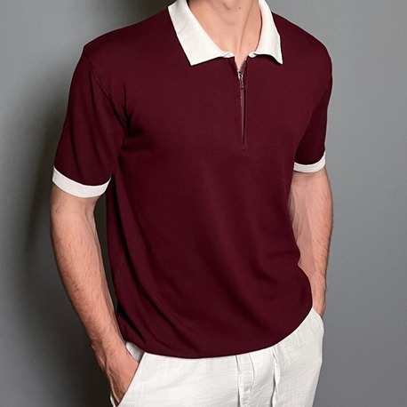 Fermuarlı Polo Yaka Triko Tişört - Bordo