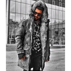 •Kürklü Gri Denim Kumaş Premium Mont KBN3705