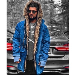 Kürklü Mavi Denim Kumaş Premium Mont KBN3706