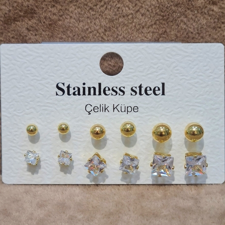ÇELİK 6 LI TOP VE KARE KOMBİN GOLD KÜPE