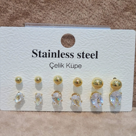 ÇELİK 6 LI TOP VE DAMLA TAŞ MODEL GOLD RENK KOMBİN KÜPE
