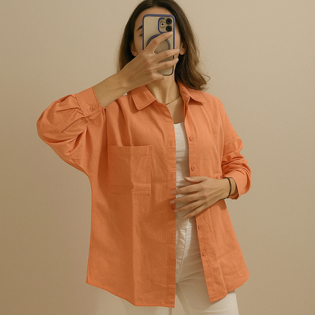 Oversize cepli yavruağzı keten gömlek 