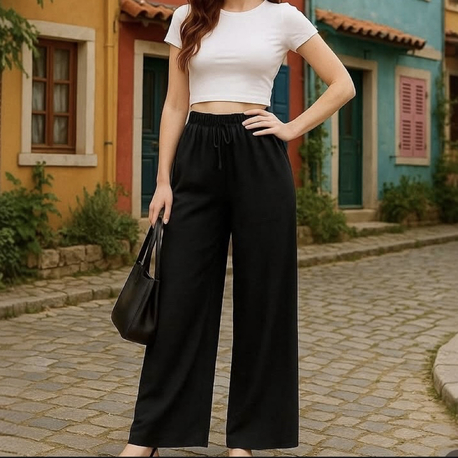 Siyah bol paça keten pantolon