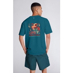 LA CLUERTE  Tasarımlı PETROL MAVİSİ Unisex Oversize Bisiklet Yaka T-shirt