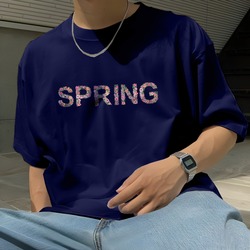 ÇİÇEKLİ SPRİNG  Tasarımlı LACİVERT Unisex Oversize Bisiklet Yaka T-shirt 