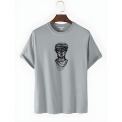 ÇİZGİSEL KADIN Tasarımlı GRİ Unisex Oversize Bisiklet Yaka T-shirt 