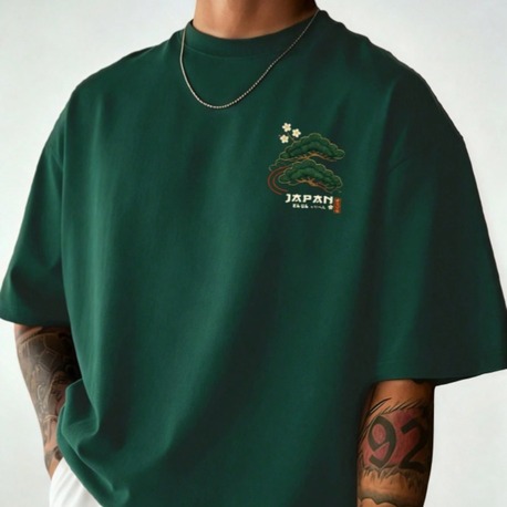 Unisex Kadın/Erkek JAPAN Özel Baskılı Oversize Penye Bisiklet Yaka T-Shirt