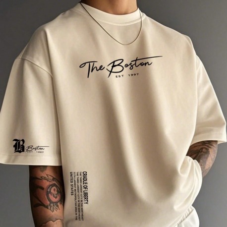 Unisex Erkek/Kadın THE BOSTON Özel Baskılı Oversize Pamuklu Bisiklet Yaka T-Shirt