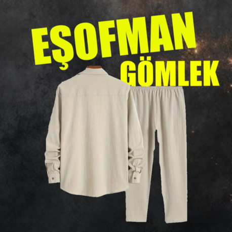  Erkek Bej Uzun Kollu Gömlek Pantolon Bürümcük Eşofman Takım