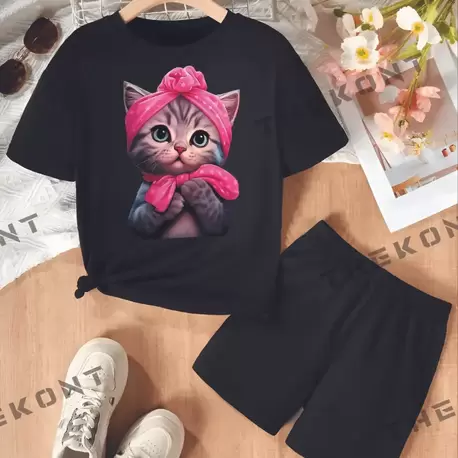 ŞEKER KEDİ BASKILI TSHİRT-ŞORT ALT-ÜST TAKIM