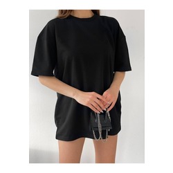 Unisex Pamuk Siyah Bisiklet Yaka Oversize Boyfriend T-shirt