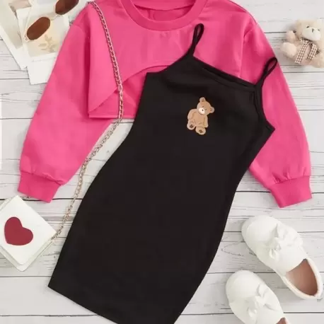 TATLI AYICIK BASKI DETAYLI KIZ ÇOÇUK ELBİSE & CROP SWEAT KOMBİNİ