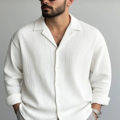 Erkek Ütü İstemeyen Oversize kırık beyaz Bürümcük Gömlek BEYAZ