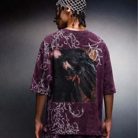 Erkek Mürdüm Crow Patch Oversize Yıkama Efektli Tshirt