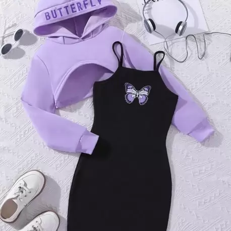 Çocuk Butterfly Baskılı Elbise & Crop Sweatshirt 2'li Kombin