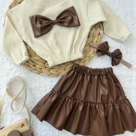 Kız Çocuk & Bebek Takımı Deri Etek Fiyonklu Badi Bandana Takımı
