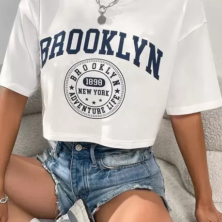 Kadın Oversize Crop T-shirt 2li Paket Beyaz - Gri Brooklyn Baskılı