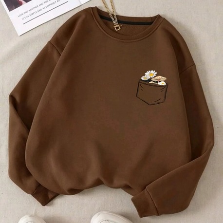  Çiçek Baskılı Bisiklet Yaka Pamuklu Sweatshirt