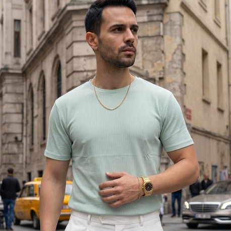 Erkek Mint Bisiklet Yaka Fitilli Örme Dik Çizgi Regular Kalıp Kısa Kol Tişört