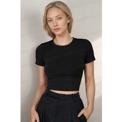 Kadın Siyah Bisiklet Yaka Likralı Kısa Kol Body Crop T-Shirt